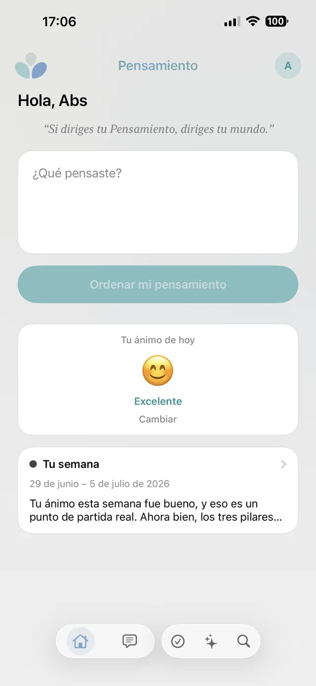 Pantalla de inicio de Absia con la caja de captura y el ánimo del día
