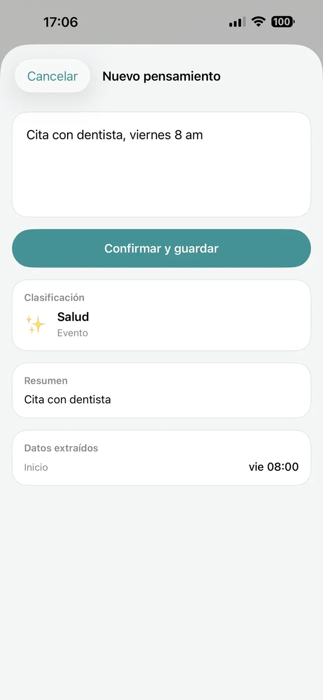 Pantalla de captura de Absia clasificando un pensamiento