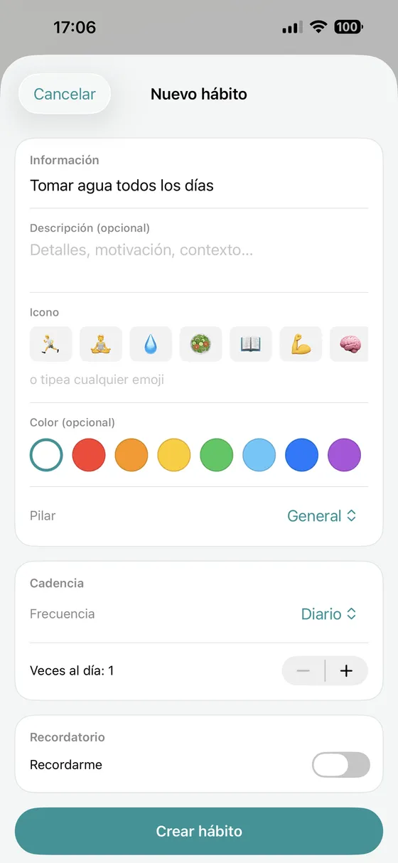 Pantalla de seguimiento de un hábito en Absia